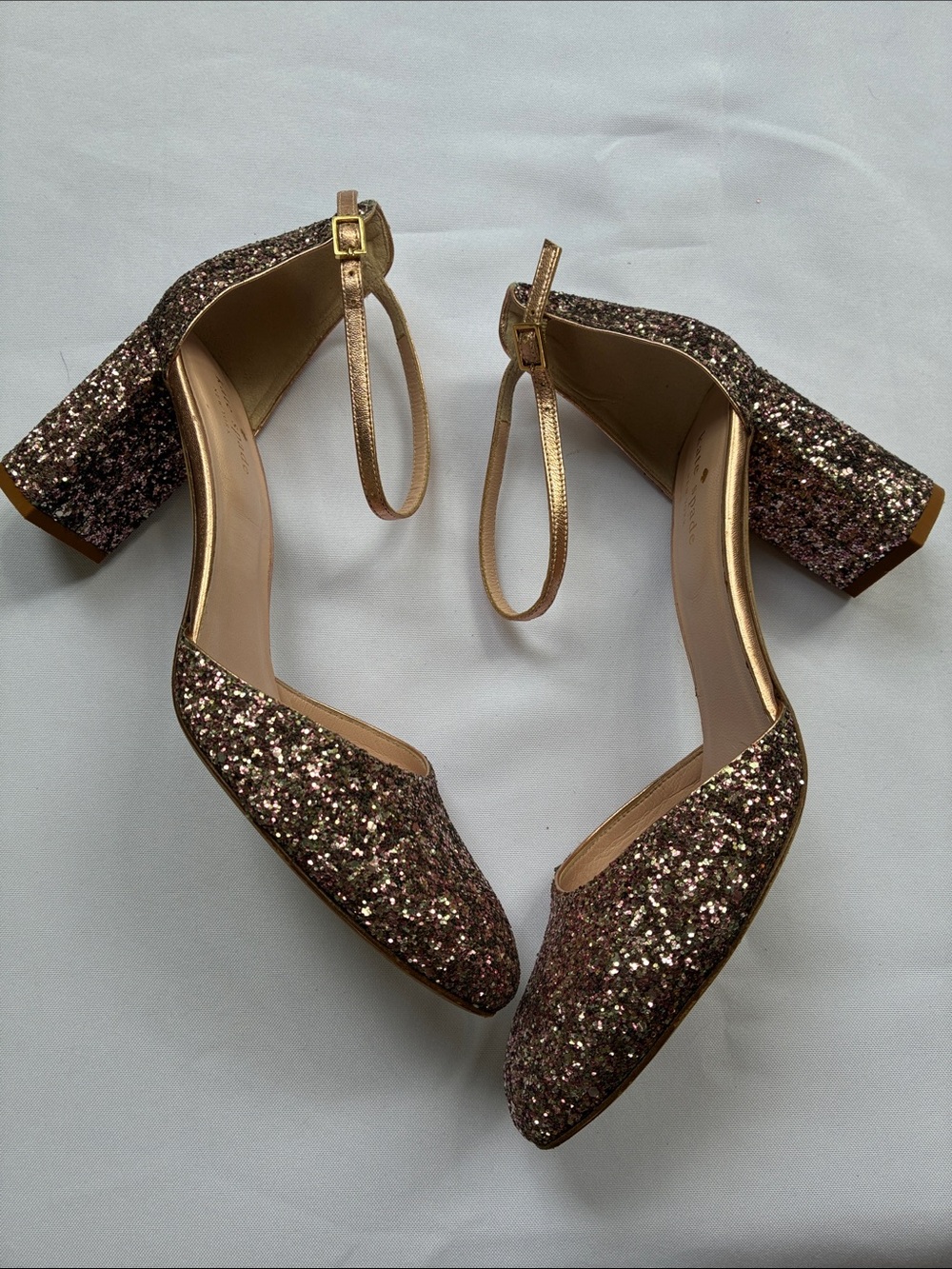 kate spade Rose Gold Glitter Ankle-Strap Block Heels